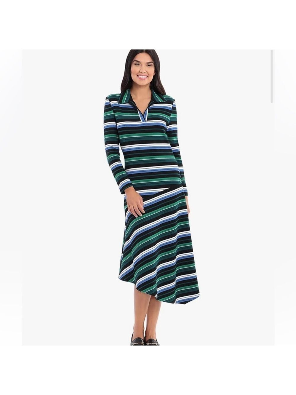 Maggy London Farren Shirt Collar Stripe Asymmetrical Long Sleeve Dress, size 16